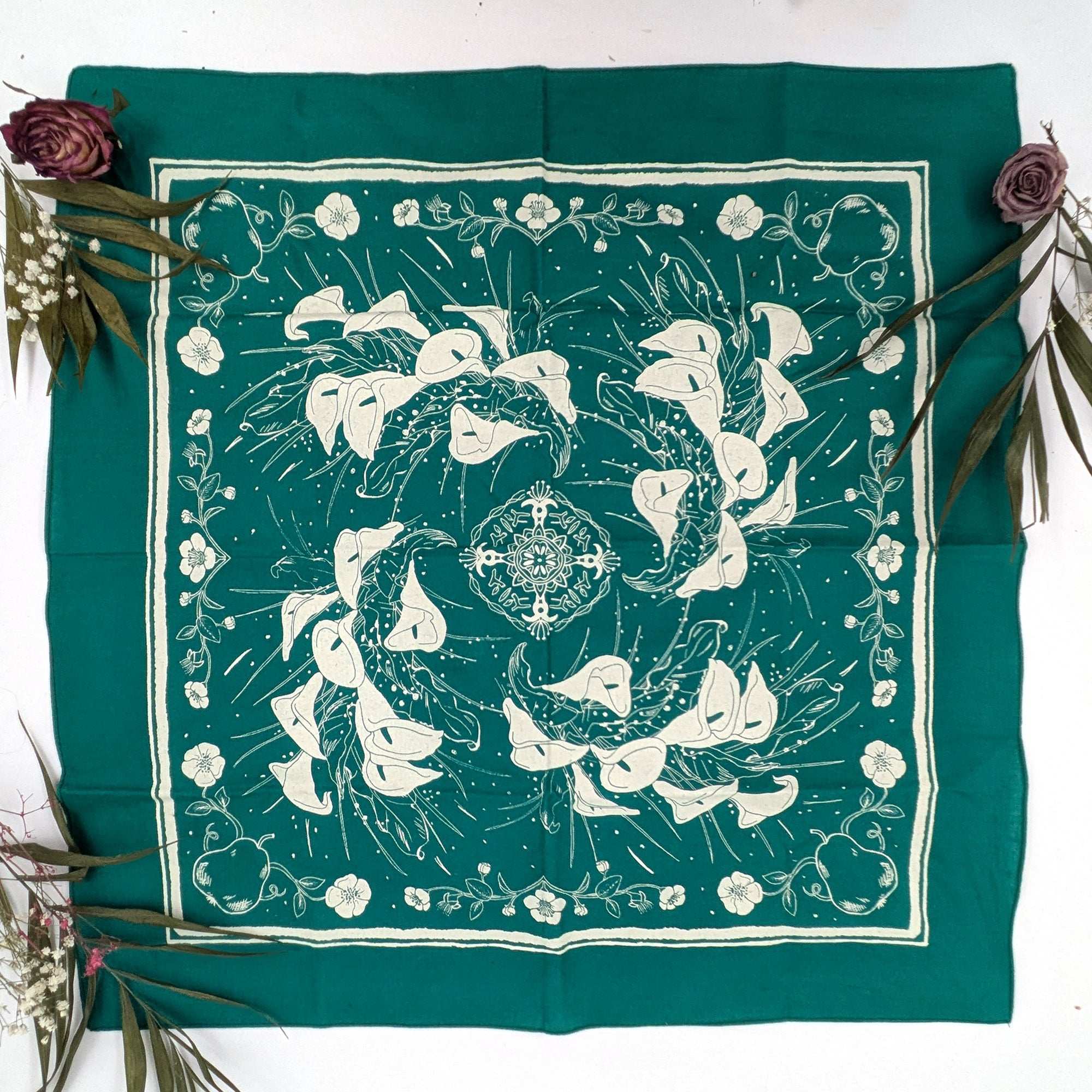 Arum Lily green hand printed 100% cotton Scarf/Bandana