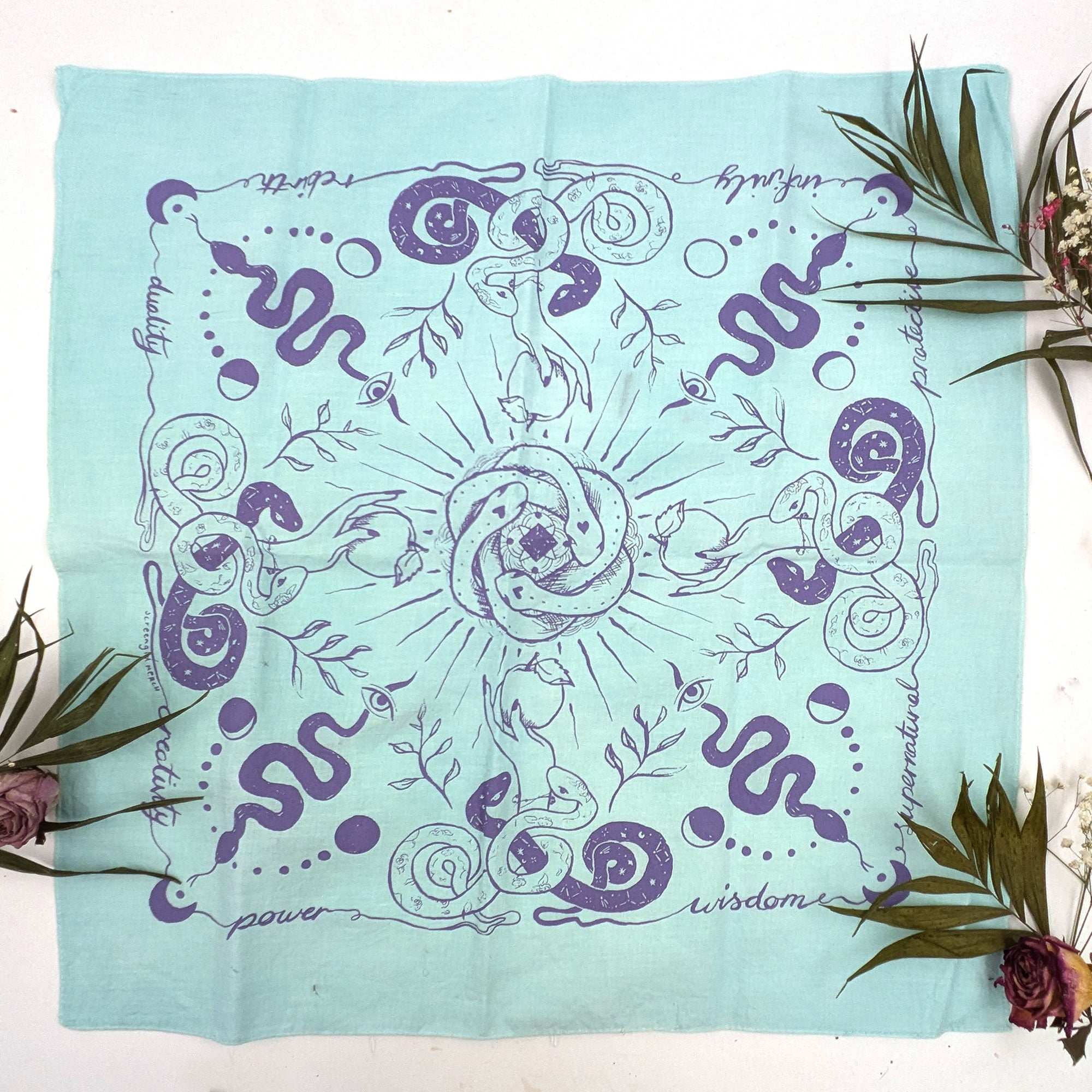 Snakes & Witches hand printed 100% cotton scarf / bandana