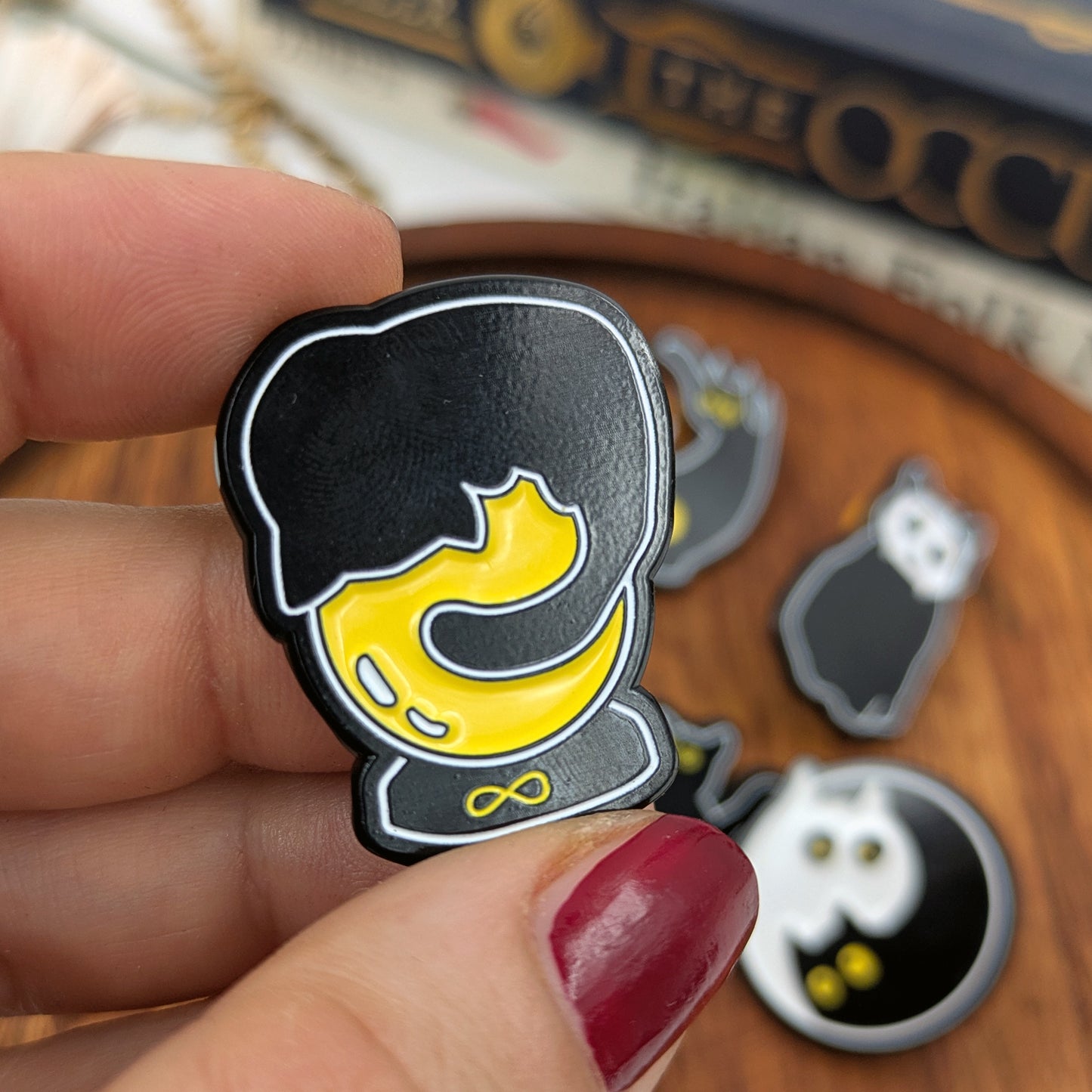 Black Kitty Tarot cat soft enamel pins based on Into the Void tarot deck