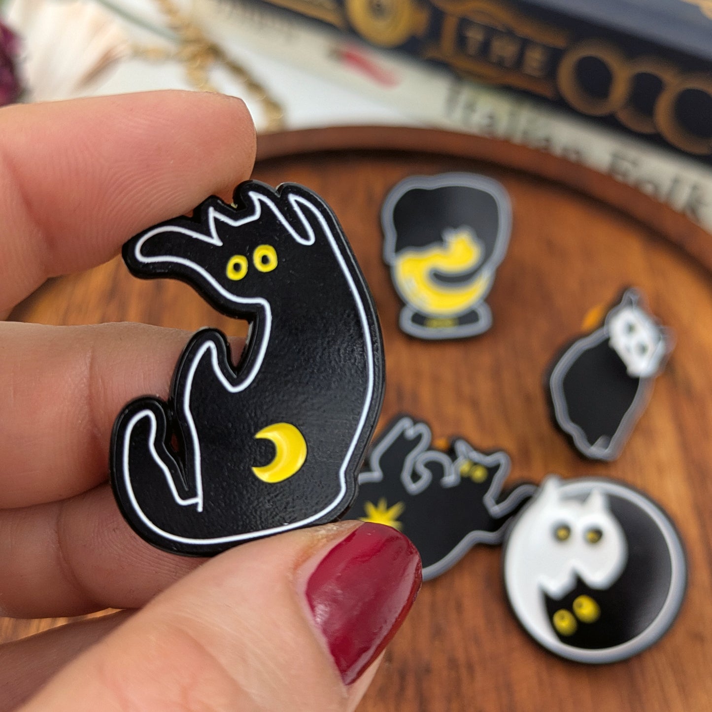 Black Kitty Tarot cat soft enamel pins based on Into the Void tarot deck