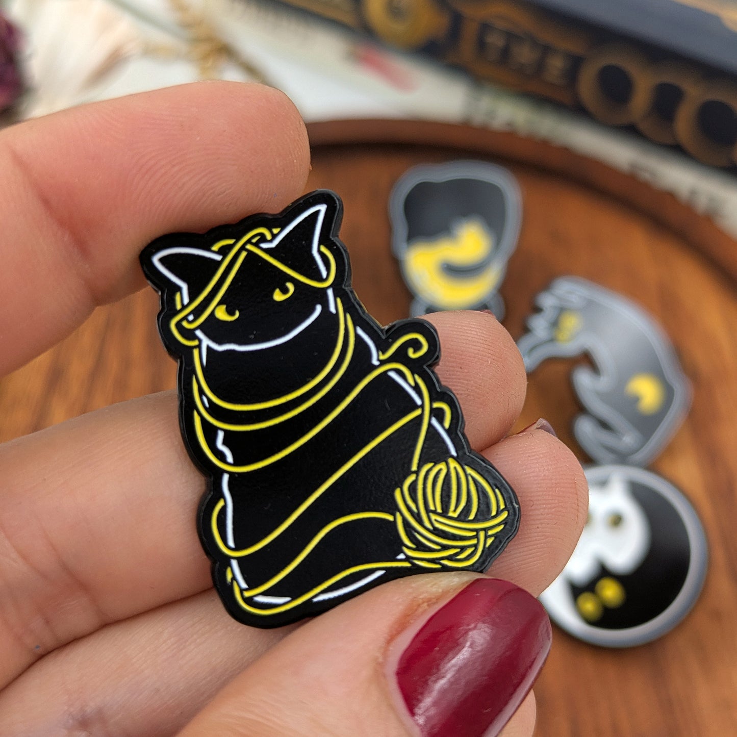 Black Kitty Tarot cat soft enamel pins based on Into the Void tarot deck