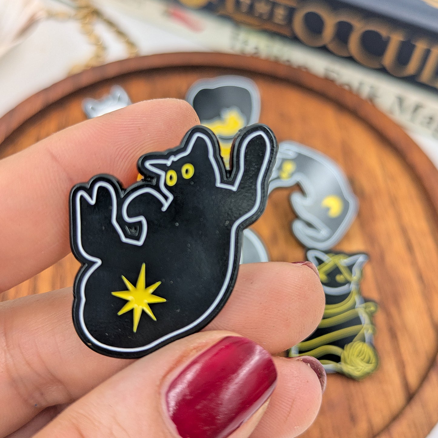 Black Kitty Tarot cat soft enamel pins based on Into the Void tarot deck