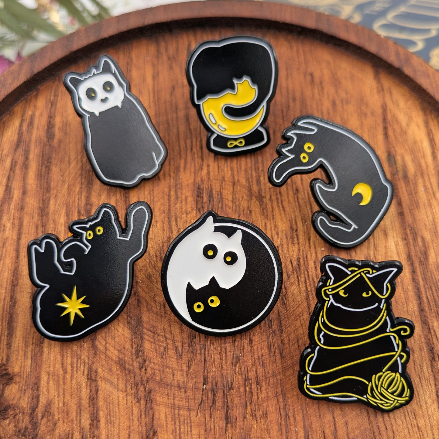 Black Kitty Tarot cat soft enamel pins based on Into the Void tarot deck