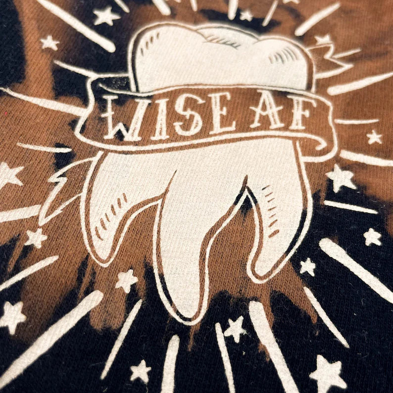 Wise AF tooth illustration bleach tie dye hand printed tee - Cat Magic Collective