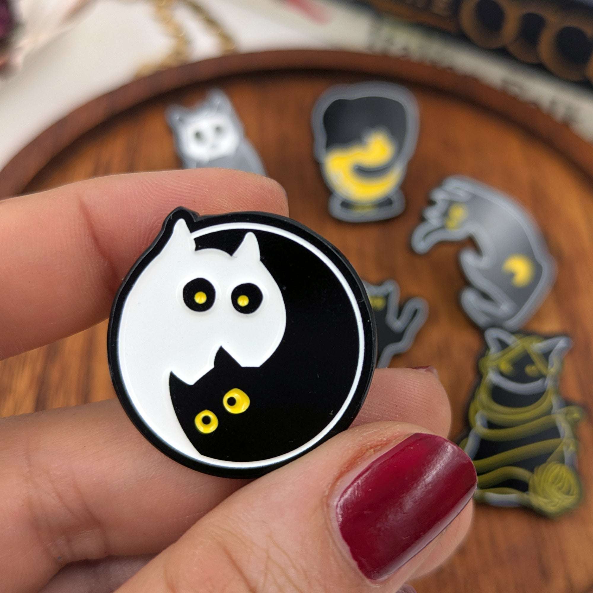 Black Kitty Tarot cat soft enamel pins based on Into the Void tarot deck