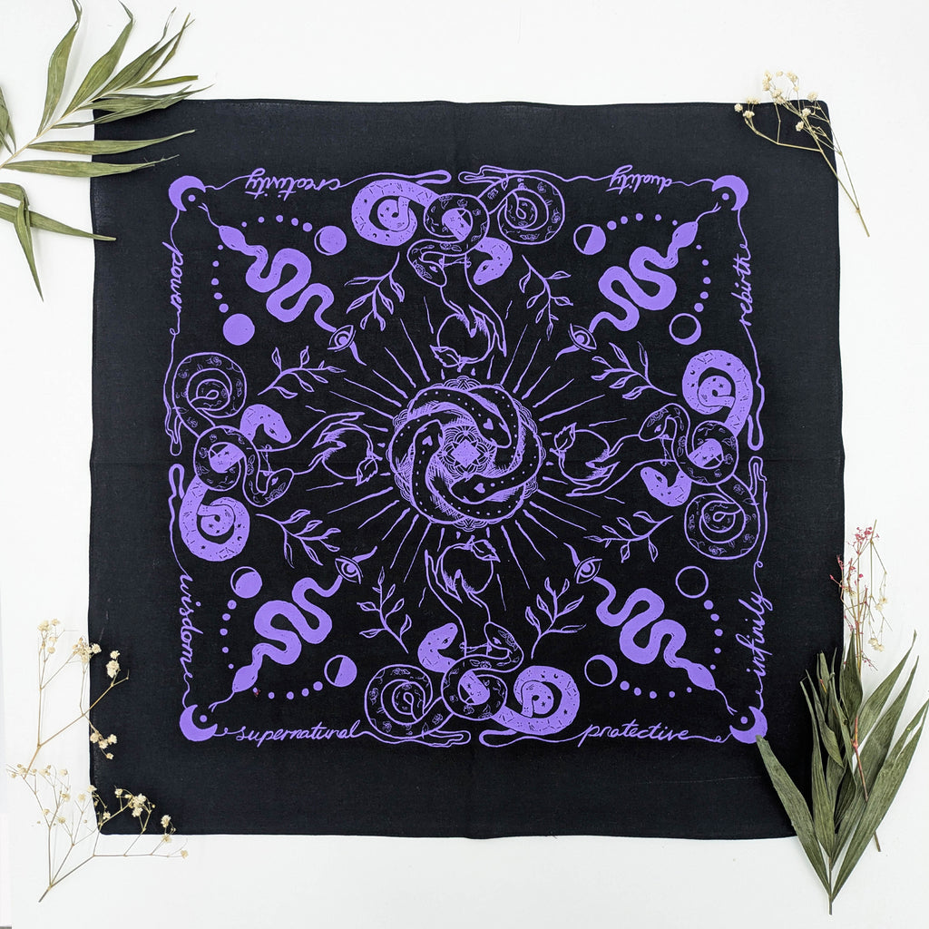 Snakes & Witches hand printed 100% cotton scarf / bandana