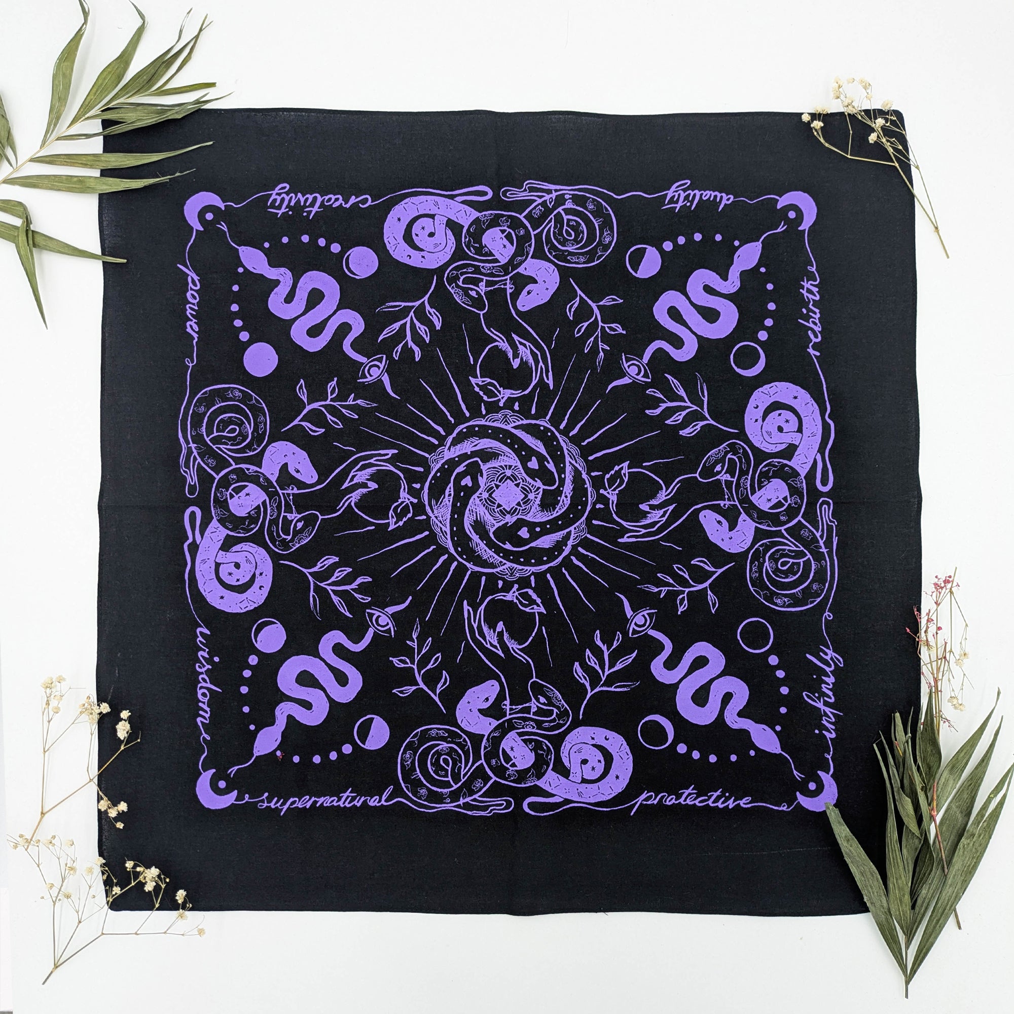 Snakes & Witches hand printed 100% cotton scarf / bandana