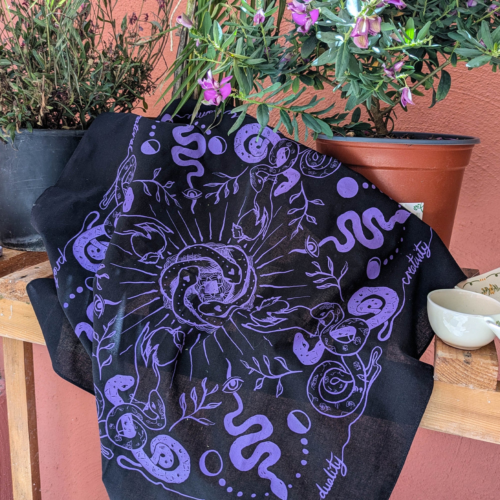 Snakes & Witches hand printed 100% cotton scarf / bandana