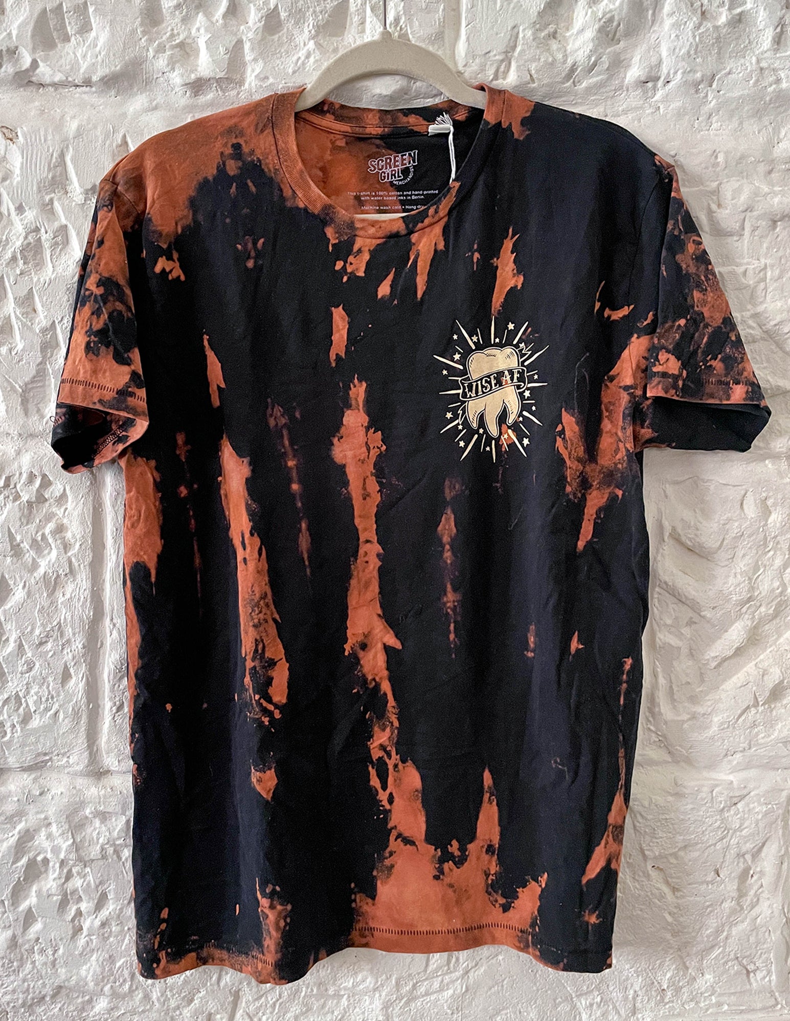 Wise AF tooth illustration bleach tie dye hand printed tee