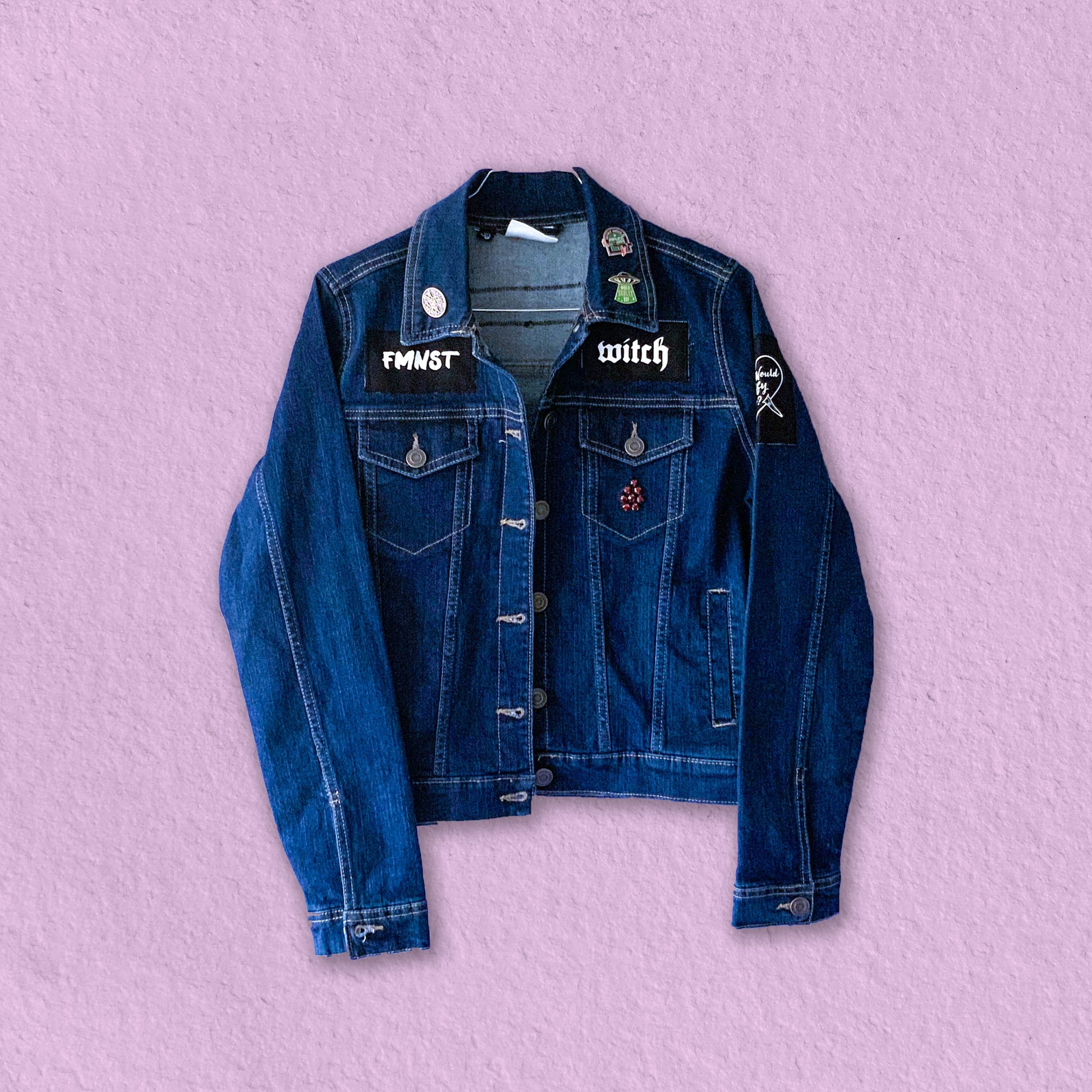 One of a kind feminist punk denim jacket with patches, enamel pins & crystal blood drop detail - Cat Magic Collective