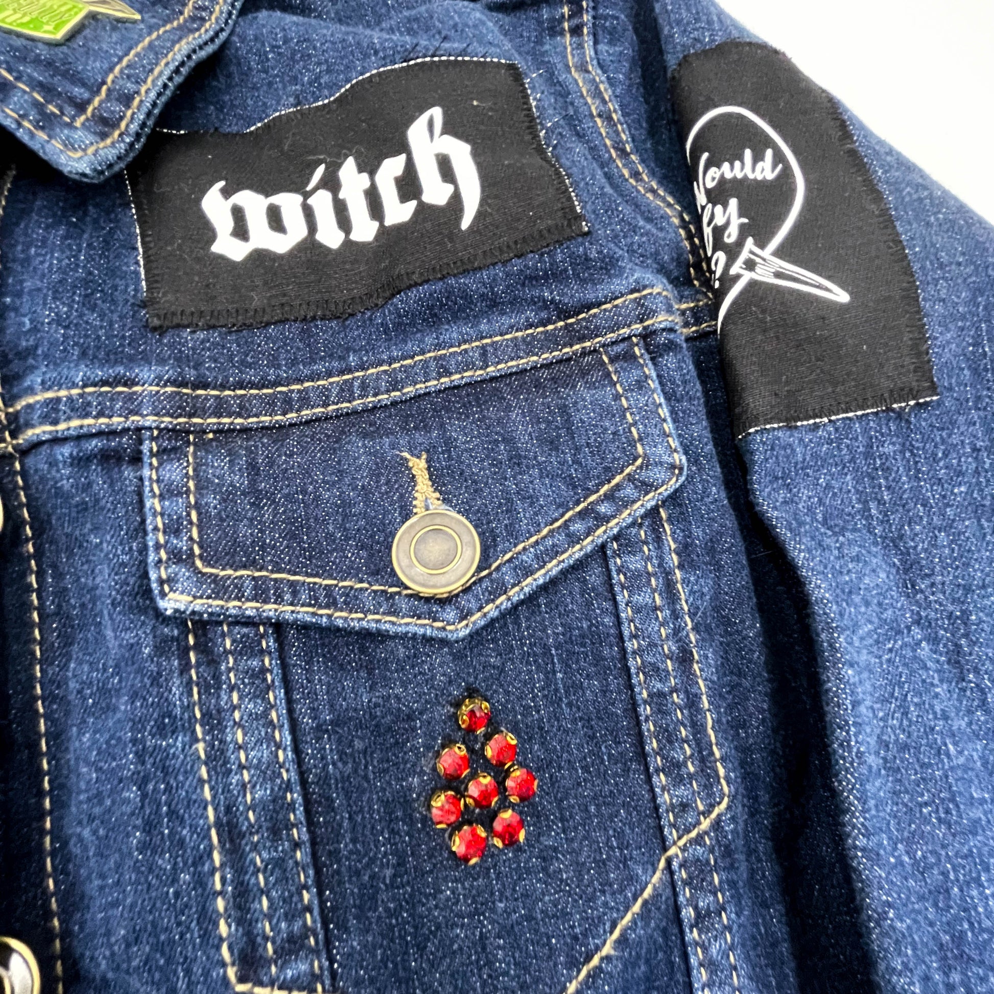 One of a kind feminist punk denim jacket with patches, enamel pins & crystal blood drop detail - Cat Magic Collective