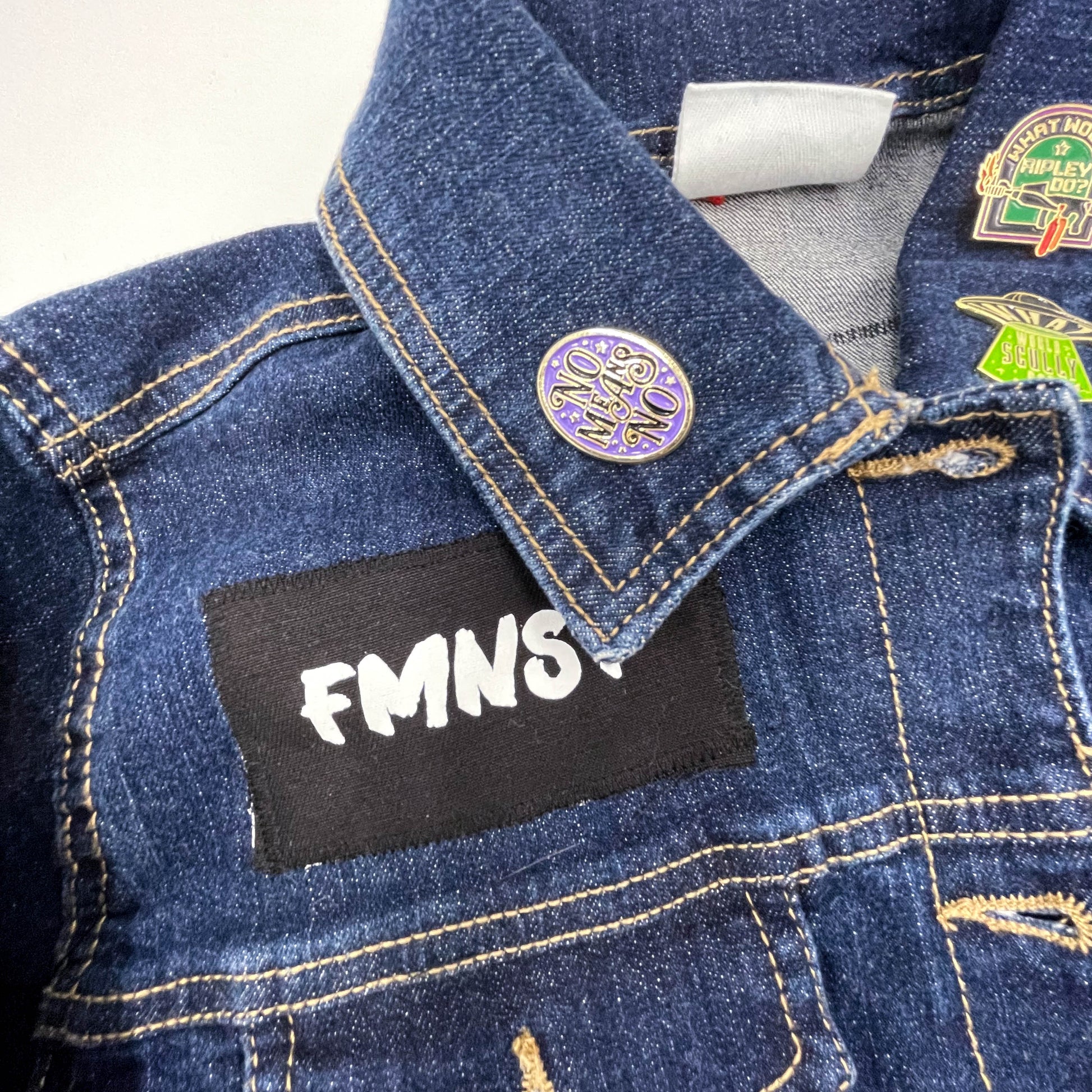 One of a kind feminist punk denim jacket with patches, enamel pins & crystal blood drop detail - Cat Magic Collective