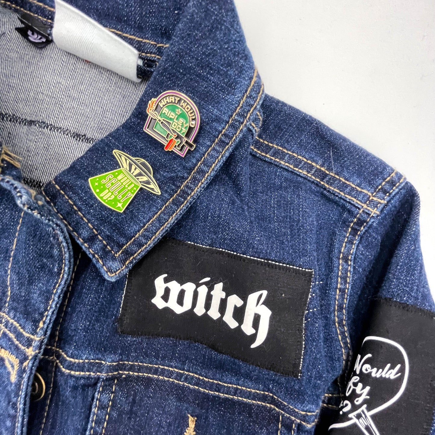 One of a kind feminist punk denim jacket with patches, enamel pins & crystal blood drop detail - Cat Magic Collective