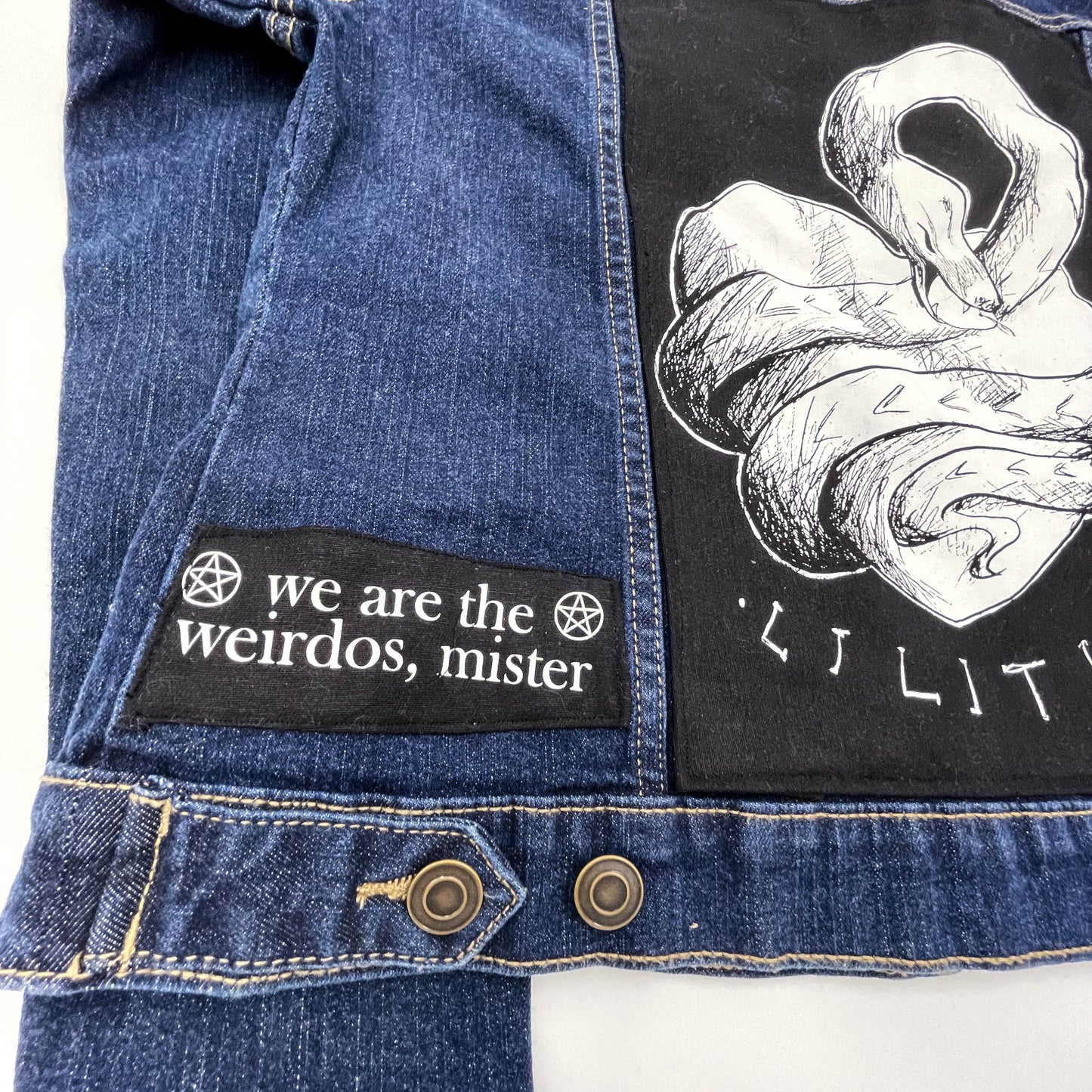 One of a kind feminist punk denim jacket with patches, enamel pins & crystal blood drop detail - Cat Magic Collective