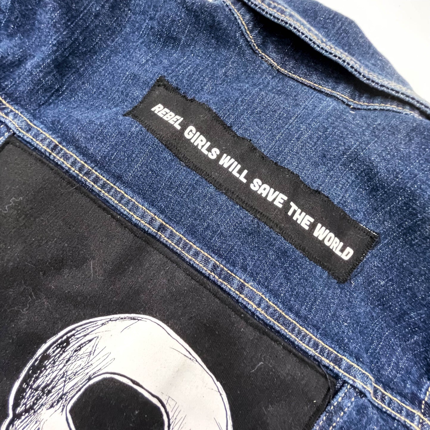 One of a kind feminist punk denim jacket with patches, enamel pins & crystal blood drop detail - Cat Magic Collective