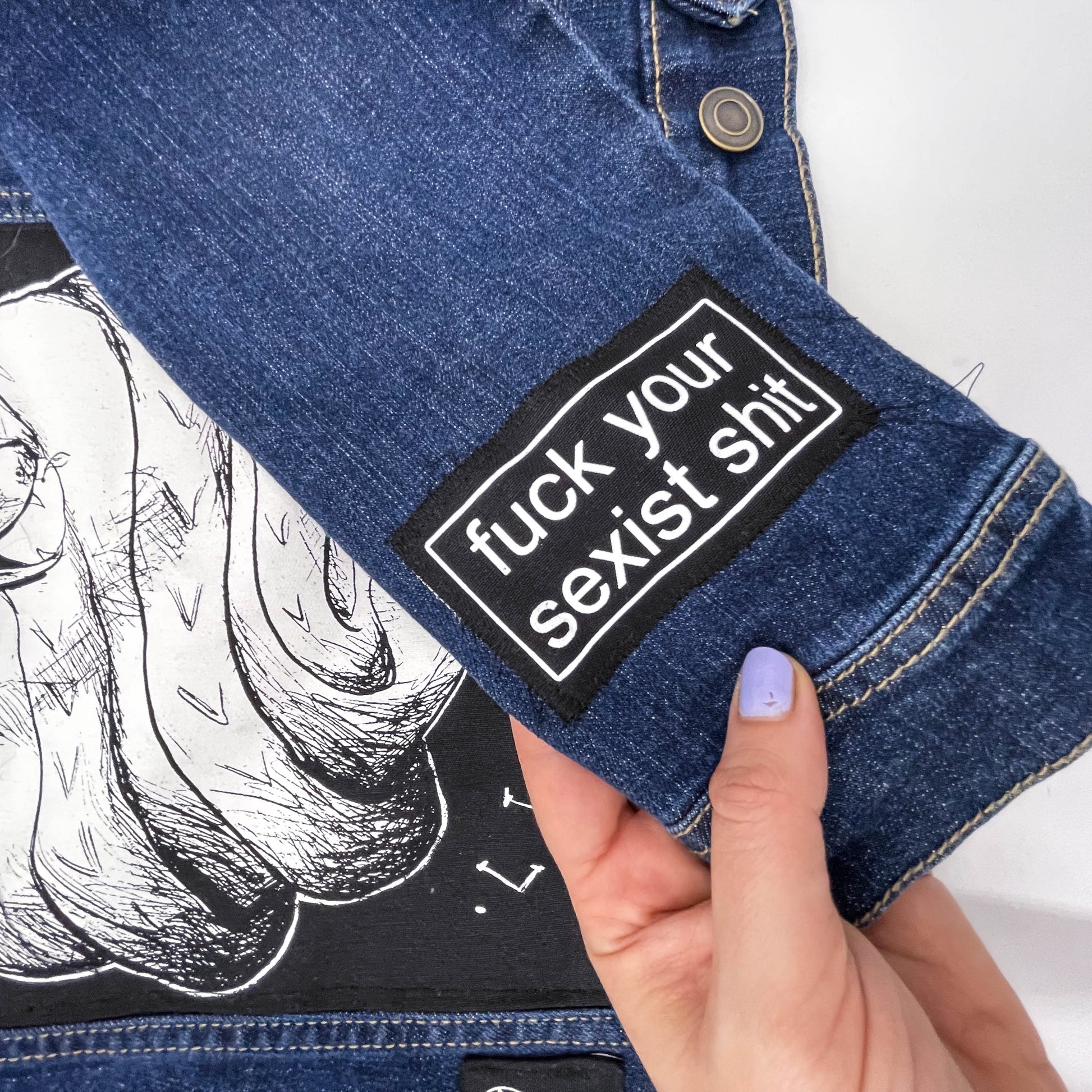 One of a kind feminist punk denim jacket with patches, enamel pins & crystal blood drop detail - Cat Magic Collective