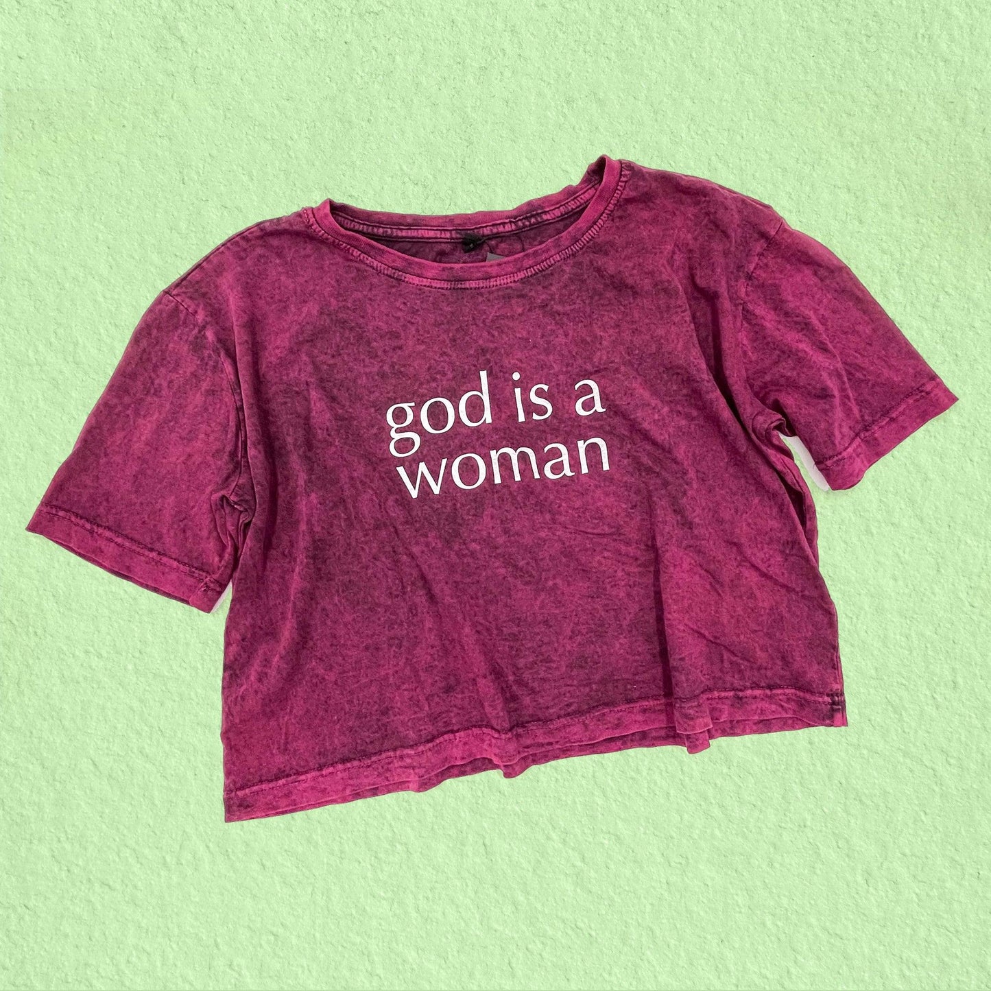 God is a Woman Screen Printed Acid Wash Crop T-shirt - Cat Magic Collective