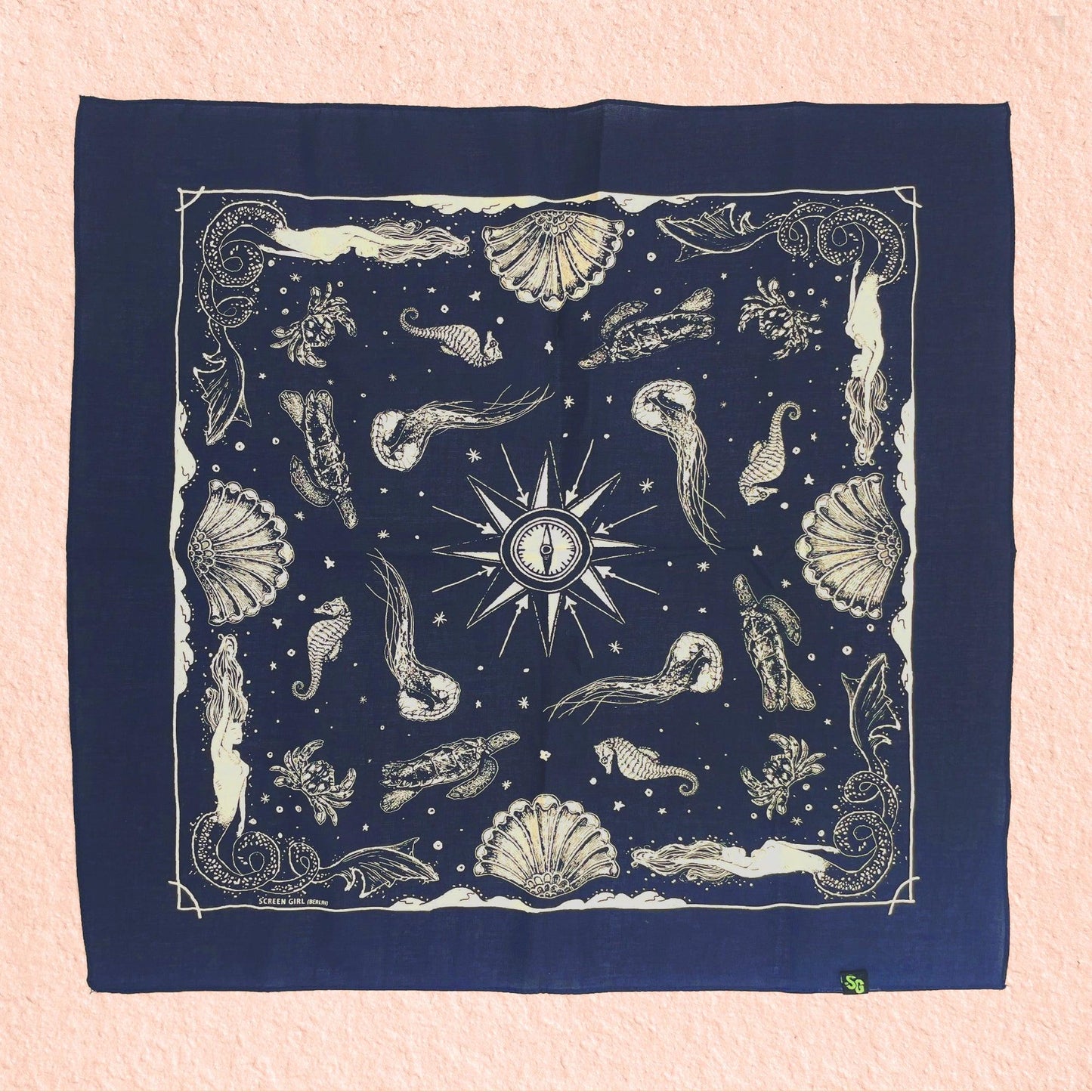 Mermaid & Sea Creatures - Vintage Illustrations on Cotton Bandana/Scarf - Cat Magic Collective